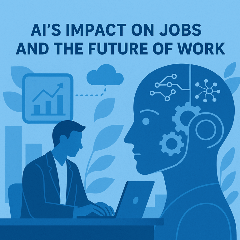 Flat blue digital illustration showing a professional using a laptop beside an AI robotic head, symbolizing artificial intelligence’s impact on jobs and the future of work.